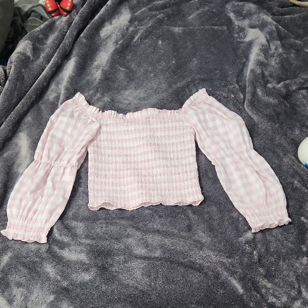 Pink Gingham Off-Shoulder Smocked Crop Top